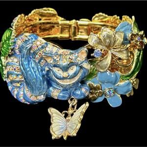 Vtg Kirks Folly Cheshire Cat Bracelet Cuff Alice Wonderland Looking Glass Floral